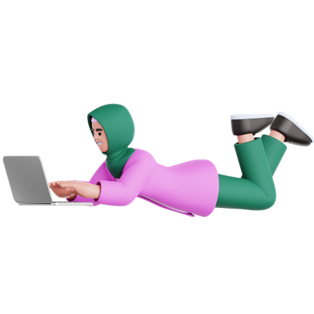 Femme allongée et utilisant un ordinateur portable  3D Illustration