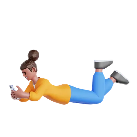 Femme allongée et utilisant un téléphone  3D Illustration