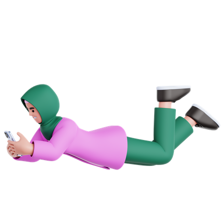 Femme allongée et utilisant un téléphone  3D Illustration