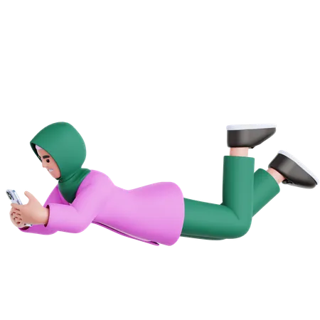 Femme allongée et utilisant un téléphone  3D Illustration