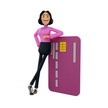 Femme apprenant sur carte bancaire  3D Illustration