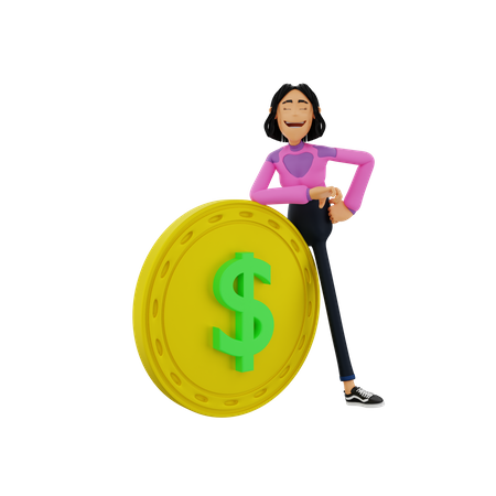 Femme s'appuyant sur une pièce d'un dollar  3D Illustration