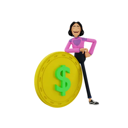 Femme s'appuyant sur une pièce d'un dollar  3D Illustration