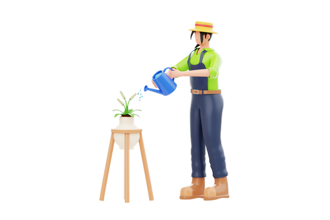 Femme arrosant une plante dans un jardin à la maison  3D Illustration