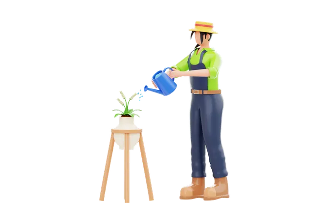 Femme arrosant une plante dans un jardin à la maison  3D Illustration