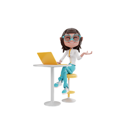 Femme assise avec un ordinateur portable à table  3D Icon