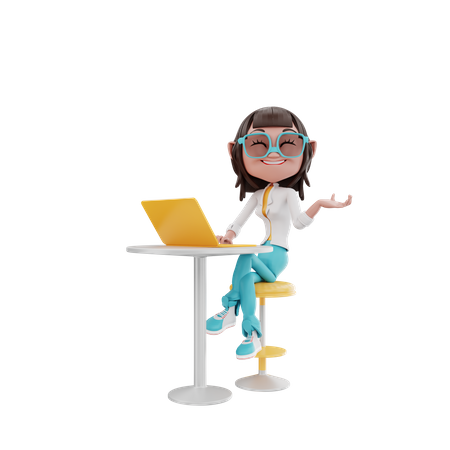 Femme assise avec un ordinateur portable à table  3D Illustration