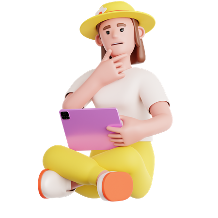 Femme assise avec une tablette et tenant une pensée  3D Illustration