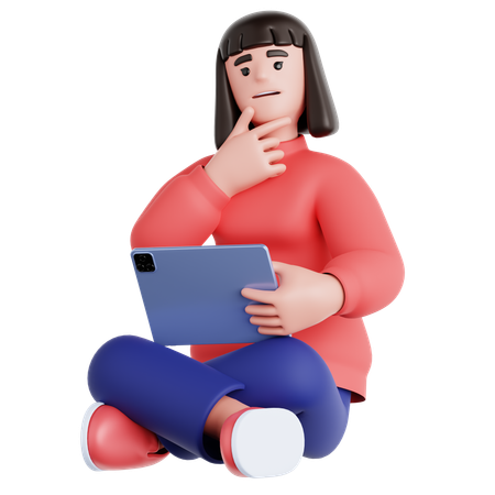 Femme assise avec une tablette et tenant une pensée  3D Illustration