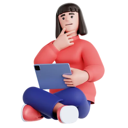 Femme assise avec une tablette et tenant une pensée  3D Illustration