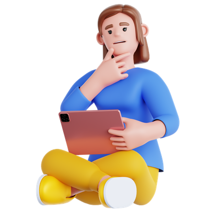 Femme assise avec une tablette et tenant une pensée  3D Illustration