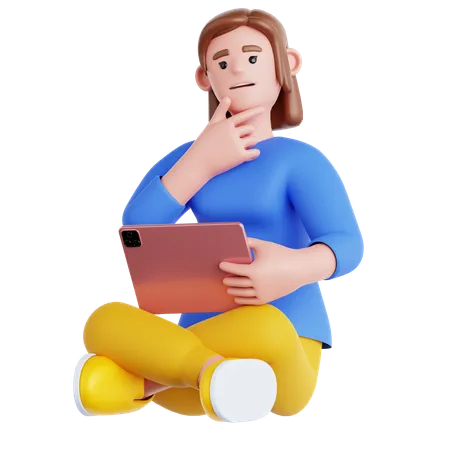 Femme assise avec une tablette et tenant une pensée  3D Illustration