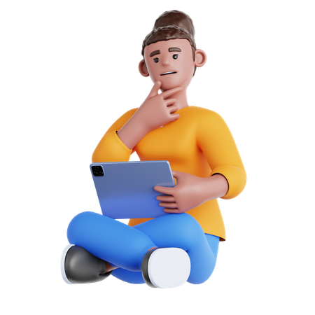 Femme assise avec une tablette et tenant une pensée  3D Illustration