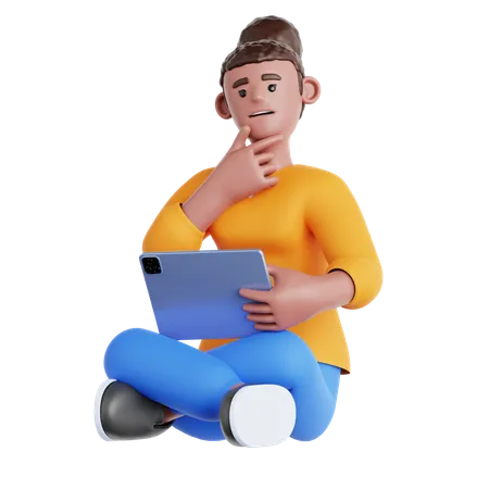 Femme assise avec une tablette et tenant une pensée  3D Illustration