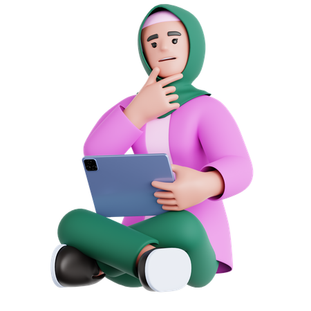 Femme assise avec une tablette et tenant une pensée  3D Illustration