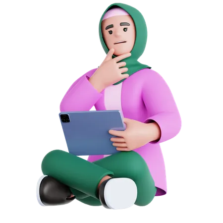 Femme assise avec une tablette et tenant une pensée  3D Illustration