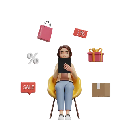Femme assise sur une chaise et faisant des achats en ligne avec une tablette  3D Illustration