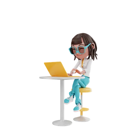Une femme s'assoit et se concentre avec un ordinateur portable à table  3D Illustration