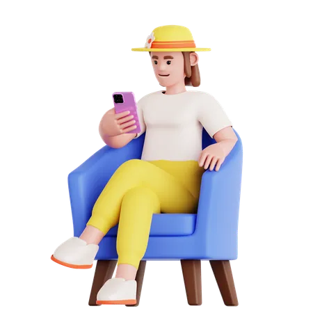 Femme assise et utilisant un téléphone  3D Illustration