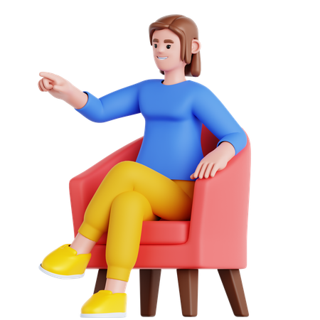 Femme assise sur un canapé et pointant du doigt  3D Illustration