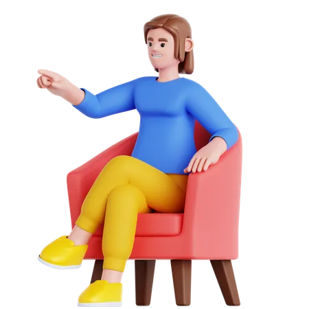 Femme assise sur un canapé et pointant du doigt  3D Illustration