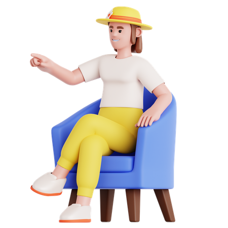 Femme assise sur un canapé et pointant du doigt  3D Illustration