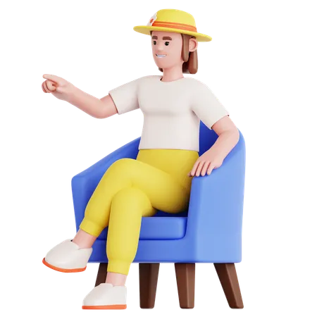 Femme assise sur un canapé et pointant du doigt  3D Illustration