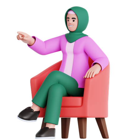 Femme assise sur un canapé et pointant du doigt  3D Illustration