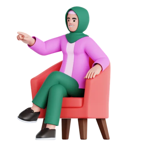 Femme assise sur un canapé et pointant du doigt  3D Illustration