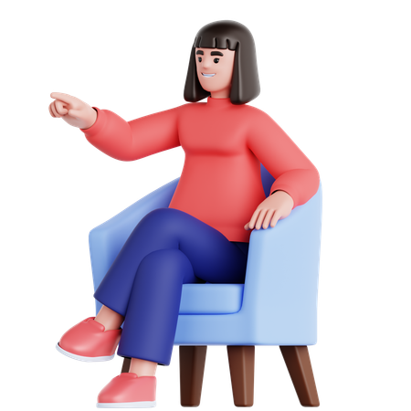 Femme assise sur un canapé et pointant du doigt  3D Illustration