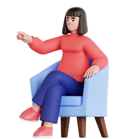 Femme assise sur un canapé et pointant du doigt  3D Illustration