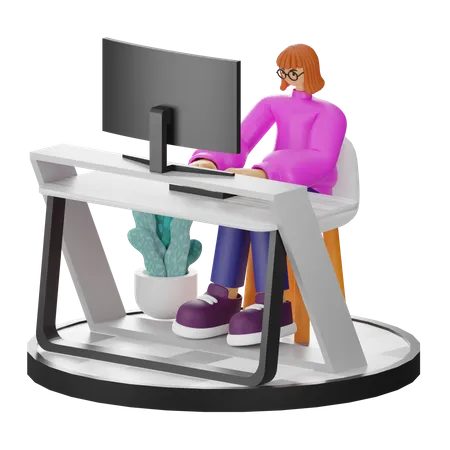 Femme assise sur une table et travaillant sur un ordinateur  3D Illustration