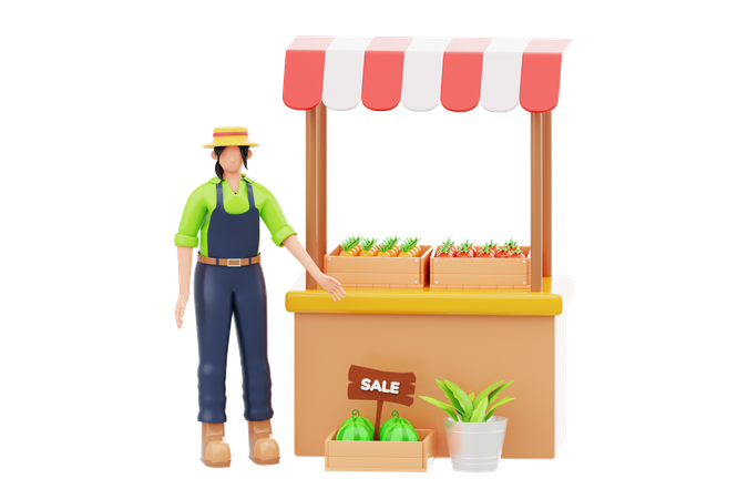 Femme au marché de producteurs  3D Illustration