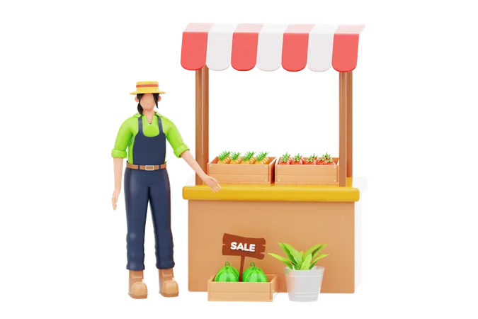 Femme au marché de producteurs  3D Illustration