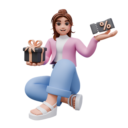 Femme avec un coffret cadeau et une étiquette de réduction  3D Illustration