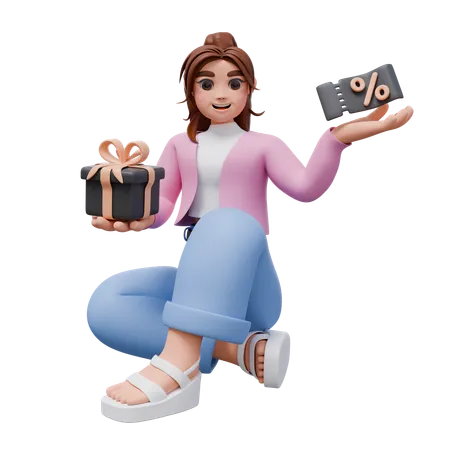 Femme avec un coffret cadeau et une étiquette de réduction  3D Illustration