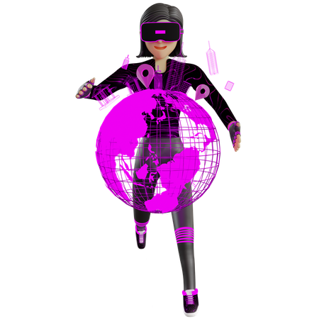 Femme avec globe sur métaverse  3D Illustration