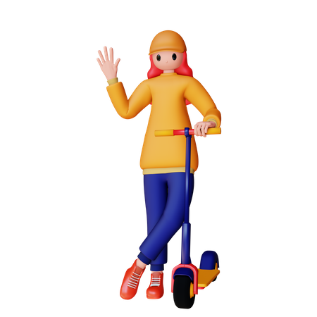 Femme avec scooter électrique  3D Illustration