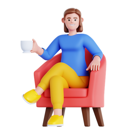 Femme assise sur un canapé avec une tasse de boisson  3D Illustration