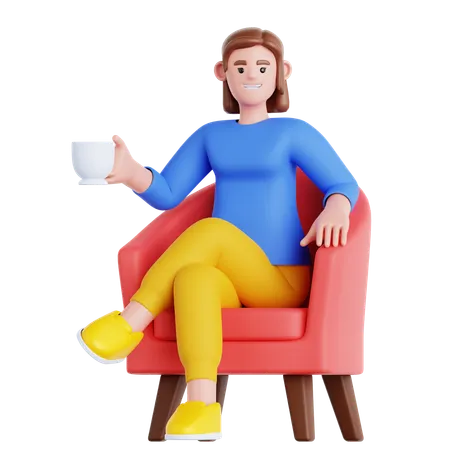 Femme assise sur un canapé avec une tasse de boisson  3D Illustration