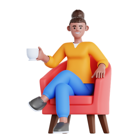 Femme assise sur un canapé avec une tasse de boisson  3D Illustration