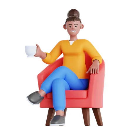 Femme assise sur un canapé avec une tasse de boisson  3D Illustration