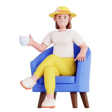 Femme assise sur un canapé avec une tasse de boisson  3D Illustration