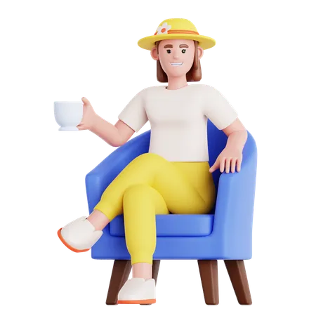 Femme assise sur un canapé avec une tasse de boisson  3D Illustration