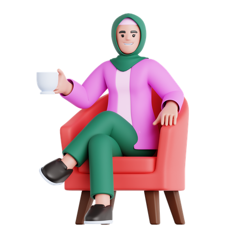 Femme assise sur un canapé avec une tasse de boisson  3D Illustration