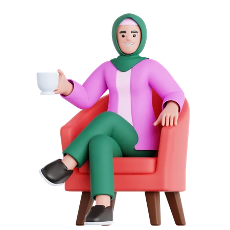 Femme assise sur un canapé avec une tasse de boisson  3D Illustration