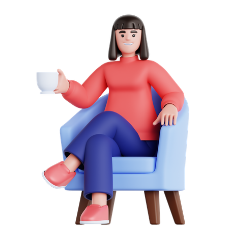 Femme assise sur un canapé avec une tasse de boisson  3D Illustration