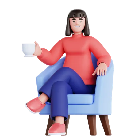 Femme assise sur un canapé avec une tasse de boisson  3D Illustration