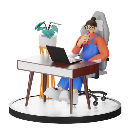 Femme buvant du café tout en travaillant sur un ordinateur portable  3D Illustration