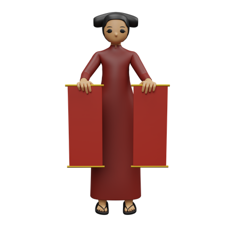 Femme chinoise tenant la bannière du nouvel an  3D Illustration